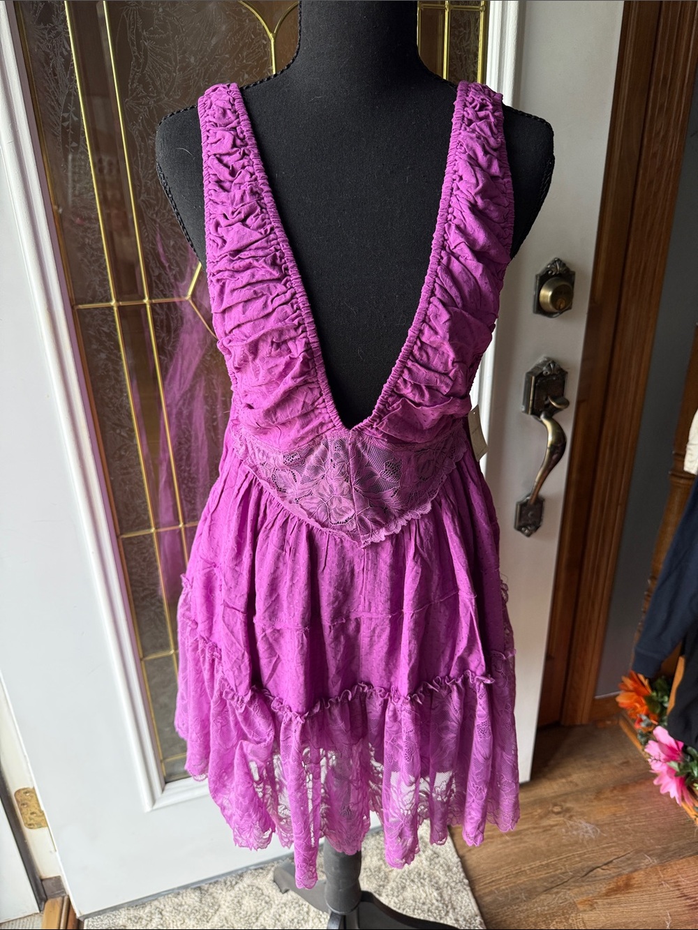 FREE PEOPLE Deep V-Neck Purple Lace Mini Dress